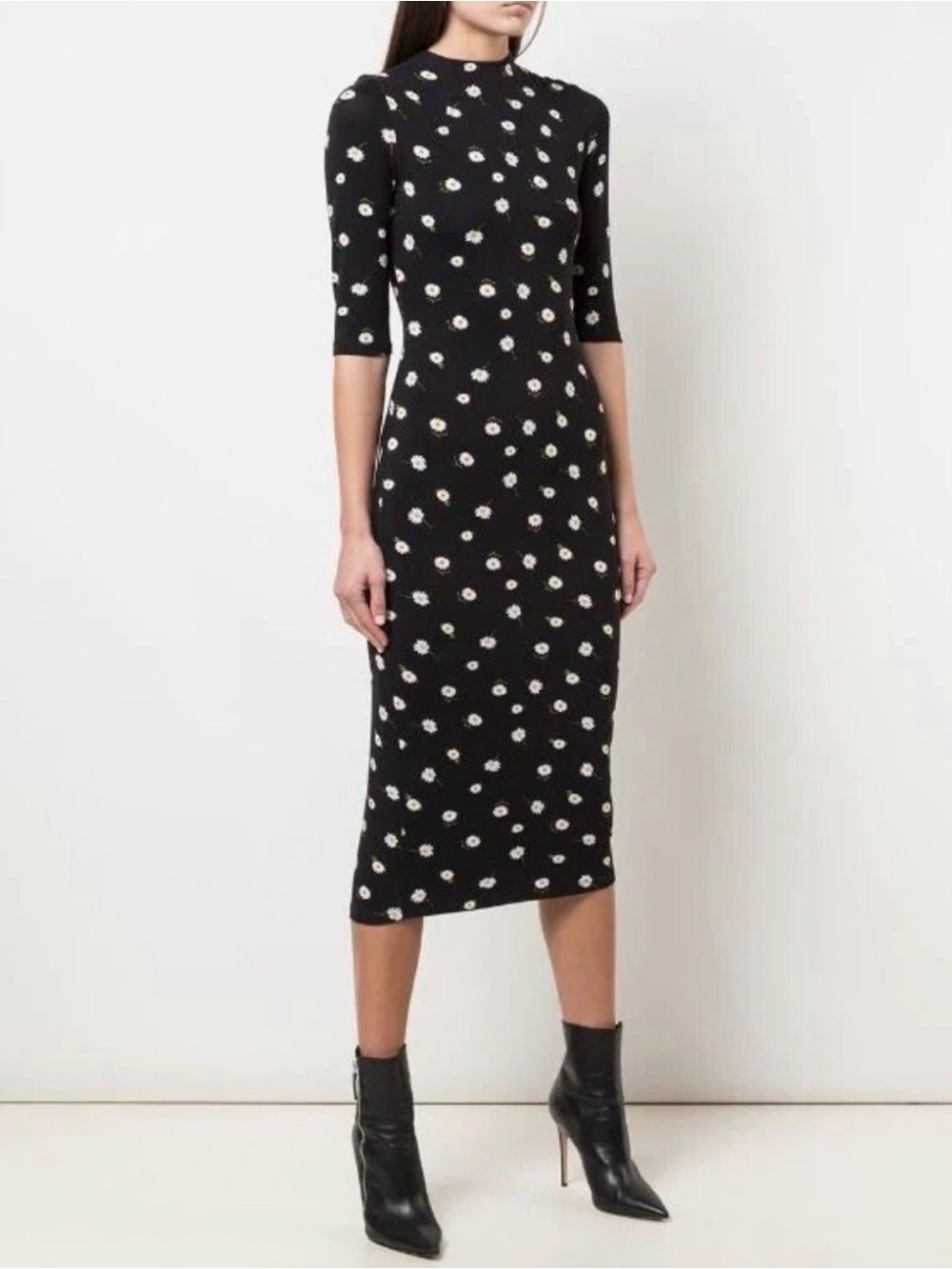 Alice + Olivia Black Floral Daisy Midi Dress with High Neck